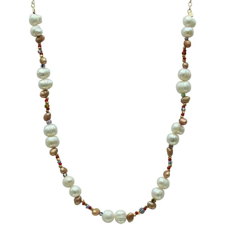 Our new Pearls Collection is central this season -  Carefully chosen freshwater pearls and other materials each one based on its symbolism and natural beauty. Nestled between a string of 14k gold vermeil faceted beads and multicolored glass beads signifying good fortune. The gold clasp can be adjusted to create your ideal drop.  Details:  Length:  51cm / 20in  Drop:  24cm / 9.10in