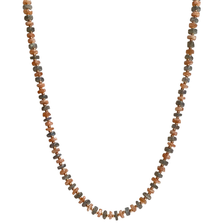 This Beautiful and elegant necklace features natural stones and 14k rose gold beads all around.   Have fun layering all our new colourful necklaces, metal chains and pearls in different lengths . it will give you a great casual look for the office, dates and parties!   Details:  -Handmade Necklace  - Peach sunstone & Labradorite gemstones   -14k rose gold beads  -Size: 36cm  -Drop:18cm