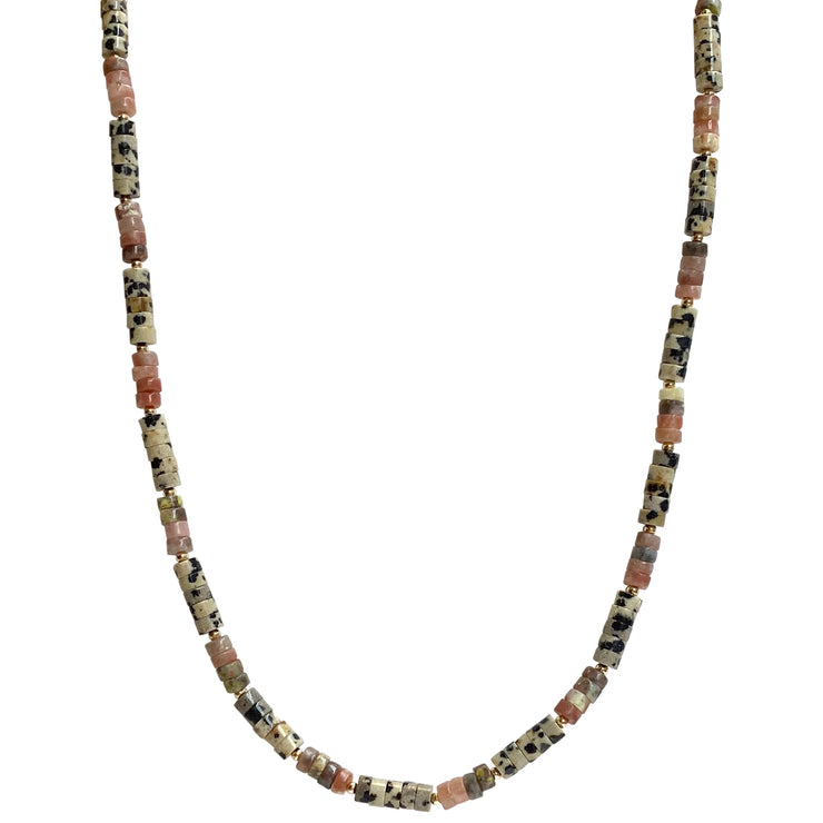  Have fun layering all our new colourful necklaces, metal chains and pearls in different lengths . it will give you a great casual look for the office, dates and parties!   Details:  - Hadmade Necklace  - Dalmatian Jasper stones  -Rhodonite stones  -14k gold filled beads  -Size: 35cm  -Drop:17cm  -Extension: 2cm 