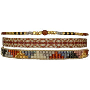 Details:      Hessonite Semi-precious stones     Vermeil faceted beads     Glass beads     polyester threads,     Handwoven adjustable bracelets     Width, 5mm, 6mm, 2mm     Can be worn in the water