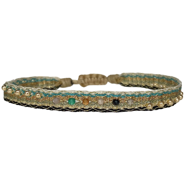 MAJESTIC HANDWOVEN BRACELET FEATURING INTERMIXED SEMI-PRECIOUS STONES AND GOLD BEADS