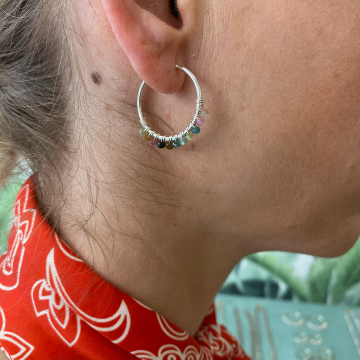 Chic & Elegant, Casual & Versatile.  Elevate your look with these gorgeous hoops.  Details:  - Handmade earrings  -  925 sterling silver hoops  -Hoop diameter: 25mm   -Intermixed semiprecious stones  